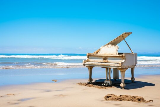 A bright day at the beach with a piano on the sandy shore, portraying a musical dream concept. Generative AI