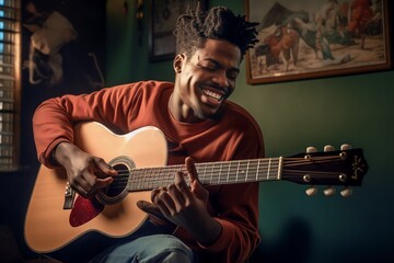 Obraz premium Young african american man playing guitar at home home