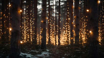 Magical christmas snow covered forest with lighted garlands on the trees