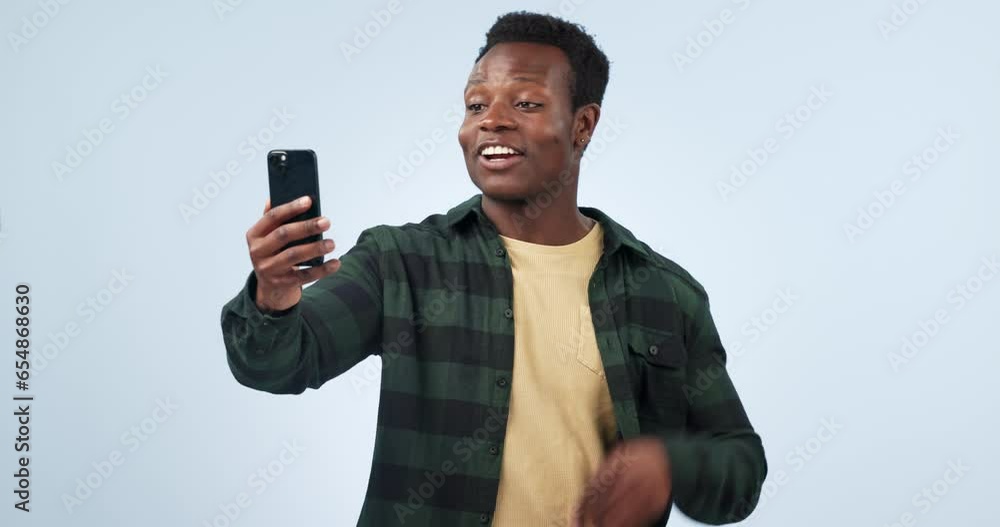 Poster showing, black man and cellphone with wave, hello or connection with digital app on a blue studio ba