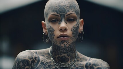 Portrait of a bald woman with tattooed 