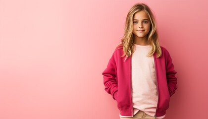 Studio portrait of a happy little girl on a pink backdrop - obrazy, fototapety, plakaty