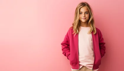 Fotobehang Studio portrait of a happy little girl on a pink backdrop © Alienmonster Images