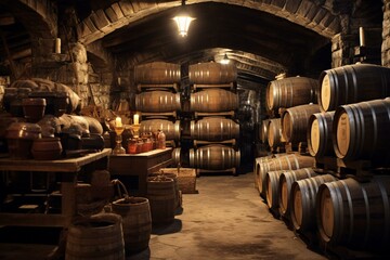 Cellar packed with barrels and bottles. Generative AI