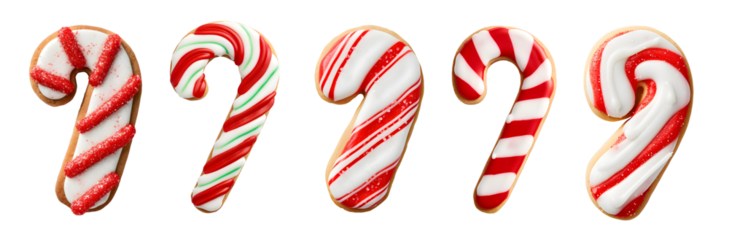 Gingerbread candy cane sweet cookie biscuit on transparent background cutout. PNG file. Many assorted different design. Mockup template for artwork design

