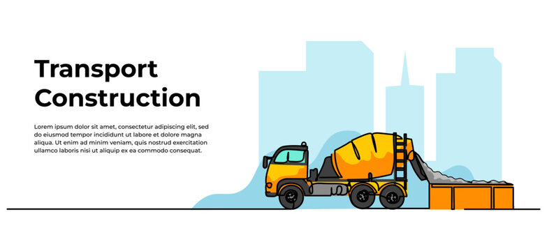 Cement mixer truck vector illustration. Modern banner in continuous line style design.