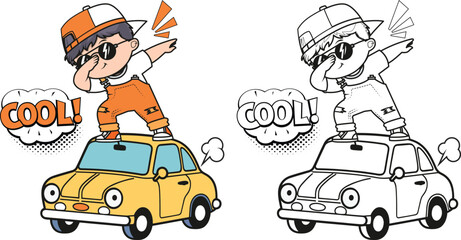 cartoon, handsome, super cool, coloring book illustration