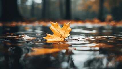 Fallen autumn leaf in the water, close-up, shallow depth of field