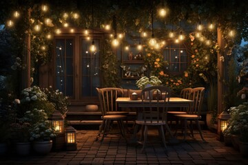 Cozy garden at night with lights and decorations. Generative AI.