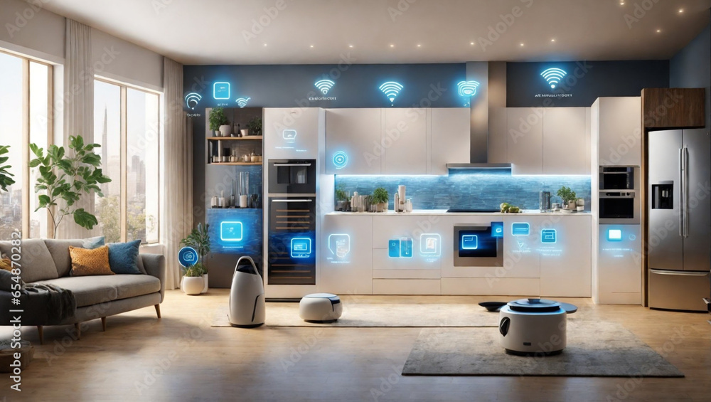 Poster the concept of the internet of things with an image of a smart home, featuring various connected dev