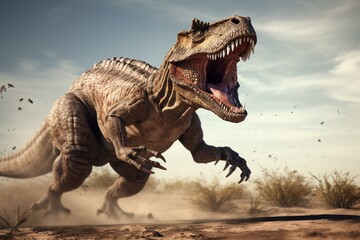 3D rendering of dinosaur attacking on plain background. Generative AI