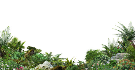 Fototapeta premium Small garden foreground with many tropical plants on transparent background