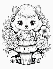 Cute kawaii animal coloring page for kids with nature, Vintage forest, insects. animals cartoon, Black and white vector illustration,