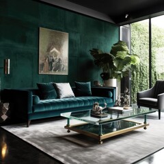 dark balck and green interior of modern bedroom in new flat. Generative Ai.