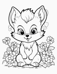 Cute kawaii animal coloring page for kids with nature, Vintage forest, insects. animals cartoon, Black and white vector illustration,