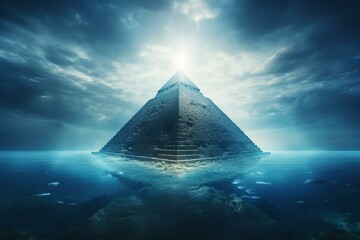 An image of a structure resembling a pyramid standing alone amidst an endless ocean. Generative AI