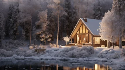 Poster a modern cottage reveals a tranquil snowy forest. Tall trees are cloaked in white, and the serene winter landscape invites you to step into nature's frozen beauty. © lililia