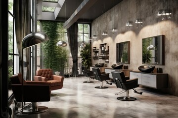 Modern hair salon interior design 3D render 
