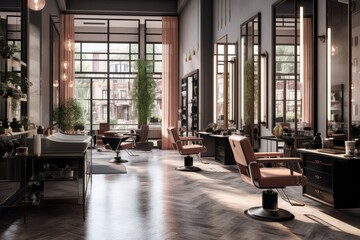 Modern hair salon interior design 3D render 