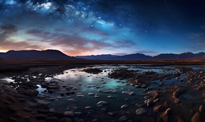 Fototapeta premium view of rock lake with beautiful arctic sky, ai generative