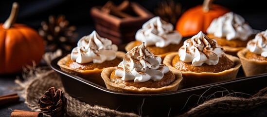 Obraz na płótnie Canvas Pumpkin pies with cream and spices baked in a mini muffin tin with copyspace for text