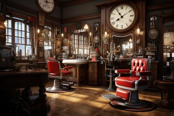 Old school barbershop working place interior 3d render