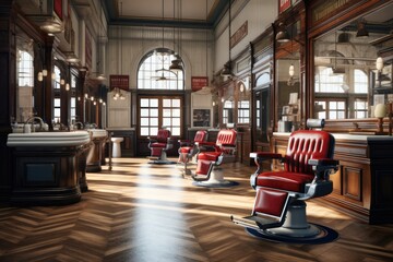 Old school barbershop working place interior 3d render