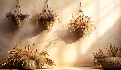 Straw baskets with dried flower arrangements hang on the wall. AI generated - obrazy, fototapety, plakaty