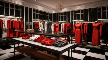 A well-organized clothing store display showcases an array of coats and sweaters in striking red, white, and black colors. These classic winter fashion pieces promise warmth and style for the season.