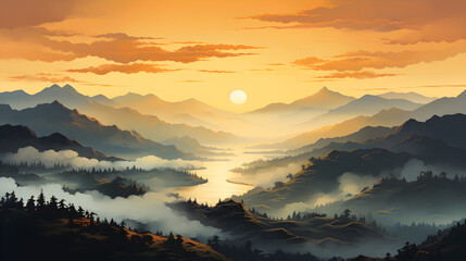 Obraz premium Create an atmospheric and visually striking landscape illustration capturing the serene beauty of dawn. Envelop the scene in a mysterious mist that delicately diffuses the strong, golden sunlight.
