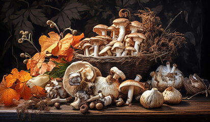 Still life with dried mushrooms. AI generated