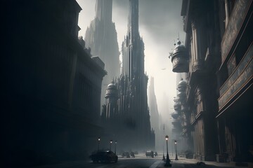 world cityscape landscape scifi warhammer 40k gritty grim dark high angle imperial gothic desaturated detailed realistic UHD 32k sharp unreal engine render atmospheric particals ray tracing  - obrazy, fototapety, plakaty