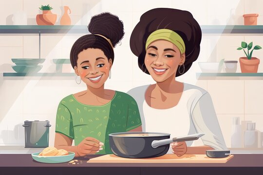 portrait african american family mother with daughter cooking in white modern house kitchen