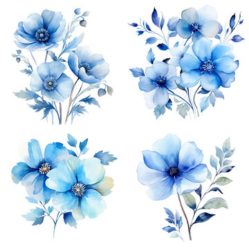 Blue flowers and leaves hand drawn illustration,watercolor painting, abstract background