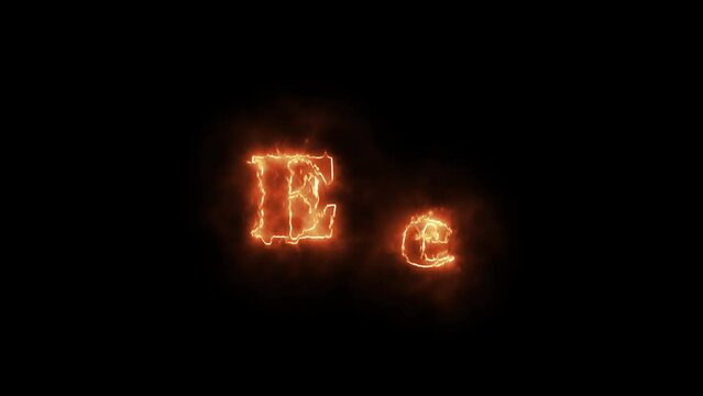 Fire alphabet letters E e capatil and small letter isolated, outline fire and glowing on black background.