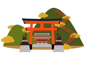 伏見稲荷大社のイラスト　千本鳥居と山々の背景