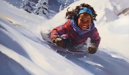 Fototapeta na wymiar Children are sledding down the snowy slope