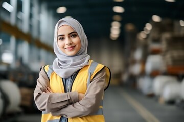 Portrait of young beautiful engineer muslim woman working in factory building outdoor