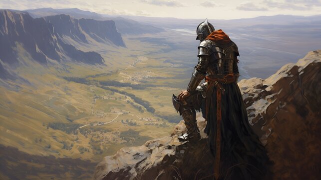 medieval knight on the edge of high ground, ai generative