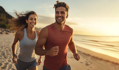 Young couple jogging together on the beach