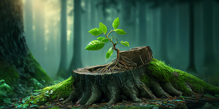 Young tree sapling emerging from an old tree stump. Ecological and sustainable regrowth concept illustration.