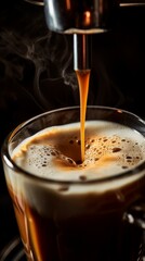 closeup shot, espresso with foam in a steel cup