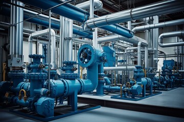 Piping, valves, pump, HVAC, cooling, chiller, factory. Generative AI - obrazy, fototapety, plakaty