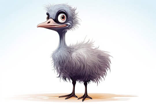 A cute cartoon ostrich standing on a white sandy background created with Generative AI technology