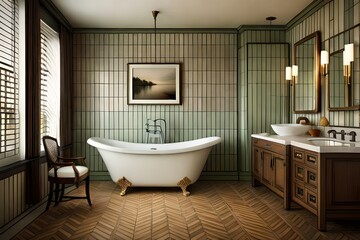 A modern farmhouse bathroom with a deep clawfoot bathtub, colorful mosaic tiles, and a vintage vanity mirror.