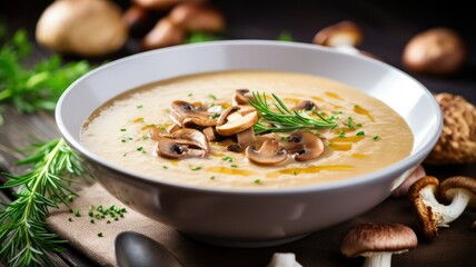 creamy mushroom soup adorned with fresh chanterelles and delicate herbs on a clean white wooden background. - obrazy, fototapety, plakaty