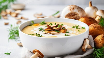 creamy mushroom soup adorned with fresh chanterelles and delicate herbs on a clean white wooden background. - obrazy, fototapety, plakaty