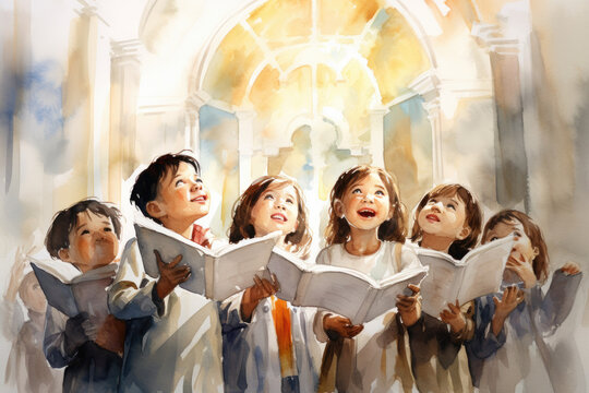 Watercolor illustration of a choir of children sing hymns to God in church