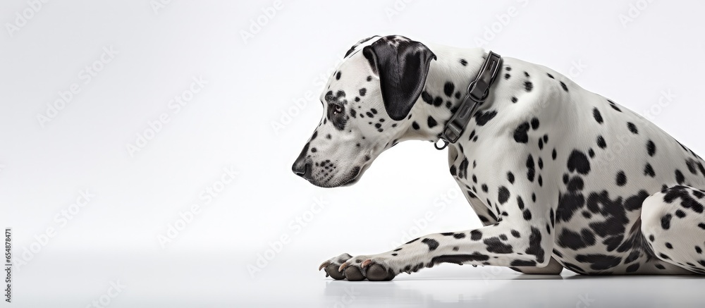 Poster smart ai robot interacts with spotted dog in a with copyspace for text