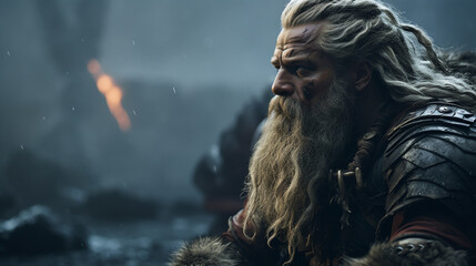 An old viking with long white beard and braided gray hair in profile. Ancient nordic barbarian with armor in winter with snowy scene in the background for a medieval history wallpaper.